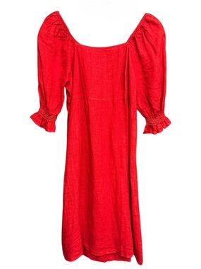 Valentina Naldi Red Linen Puff Sleeve Smocked Dress Made in Italy Size XL